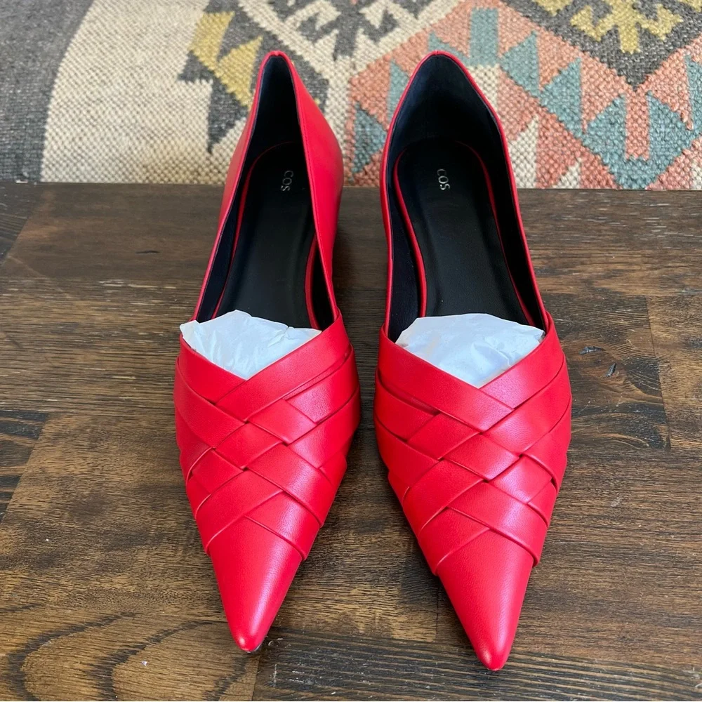 COS Crisscross Strap Premium Nappa Leather Pointed Flats Red EU40 US9 - Picture 7 of 17